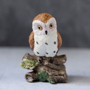 Vintage Brinns owl bisque porcelain figurine Taiwan white brown 4 inches tall